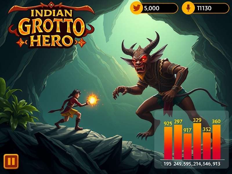 Indian Grotto Hero combat scene showing character battling mythological creature